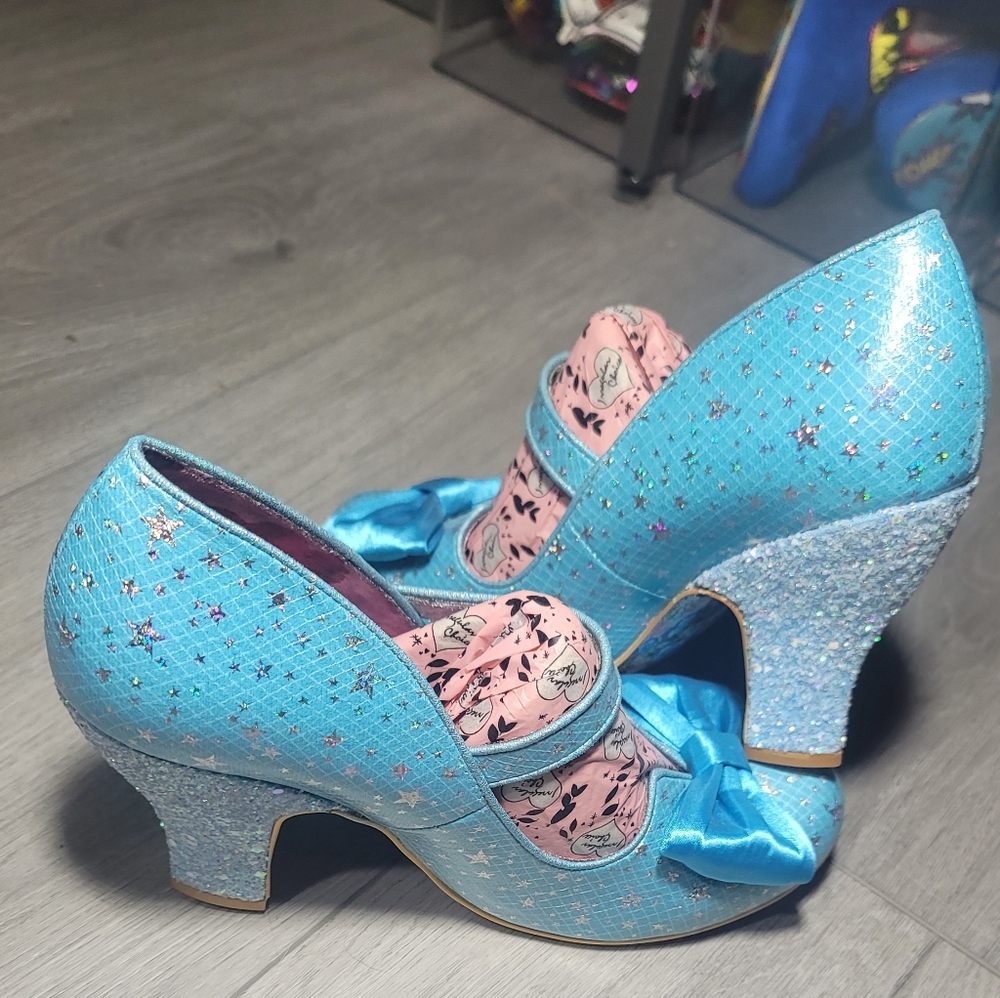 Irregular Choice Facny This Pale Blue Glitter Bow Mid-Heel Pumps